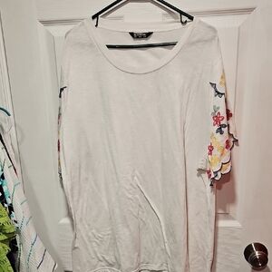 BloomChic White Short Sleeve Top with Multicolor Embroidered Sleeves